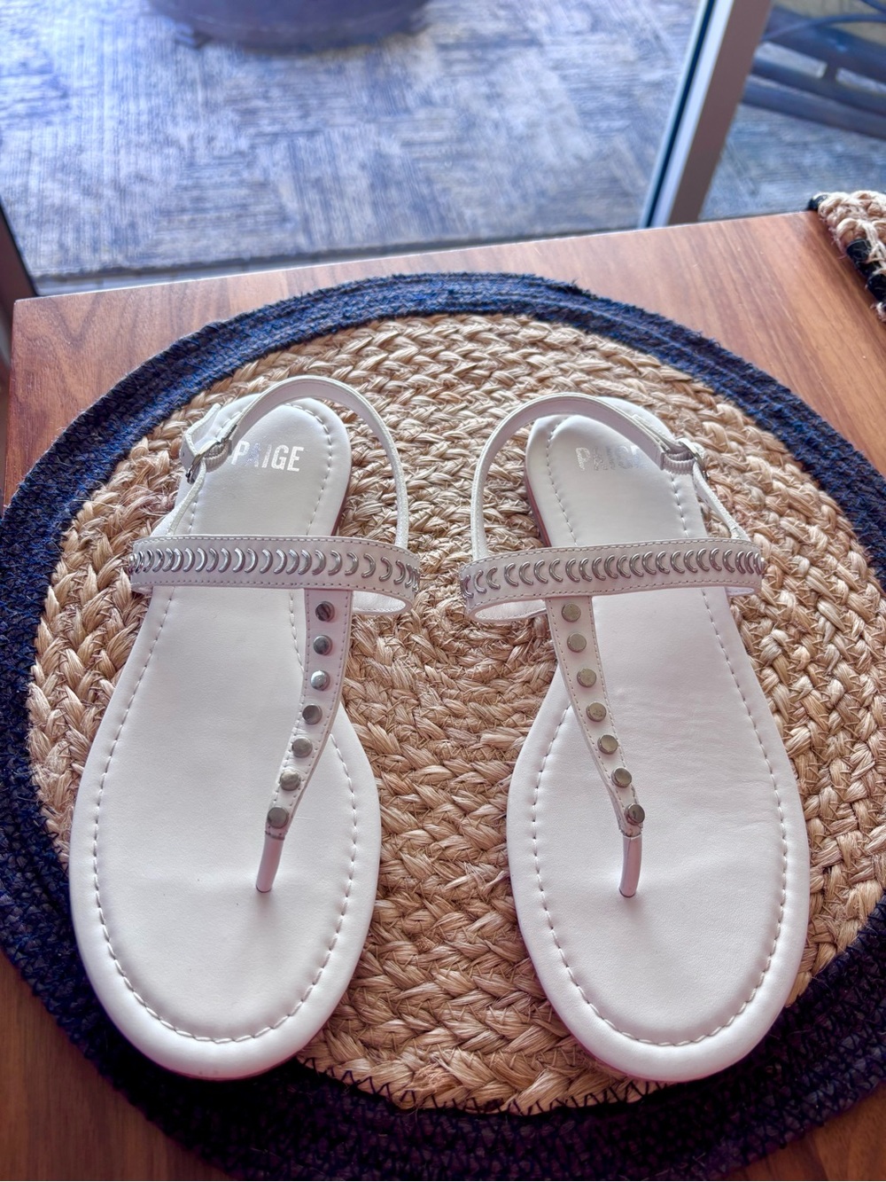 PAIGE White Studded T-Strap Sandals